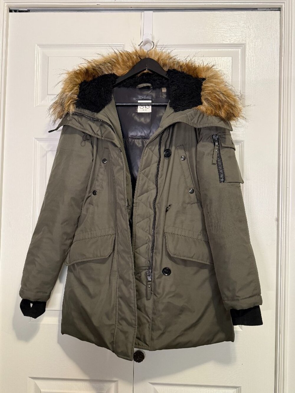 S13 New York Olive Green Down & Feather Lined Parka Coat Faux Fur Hood Size S